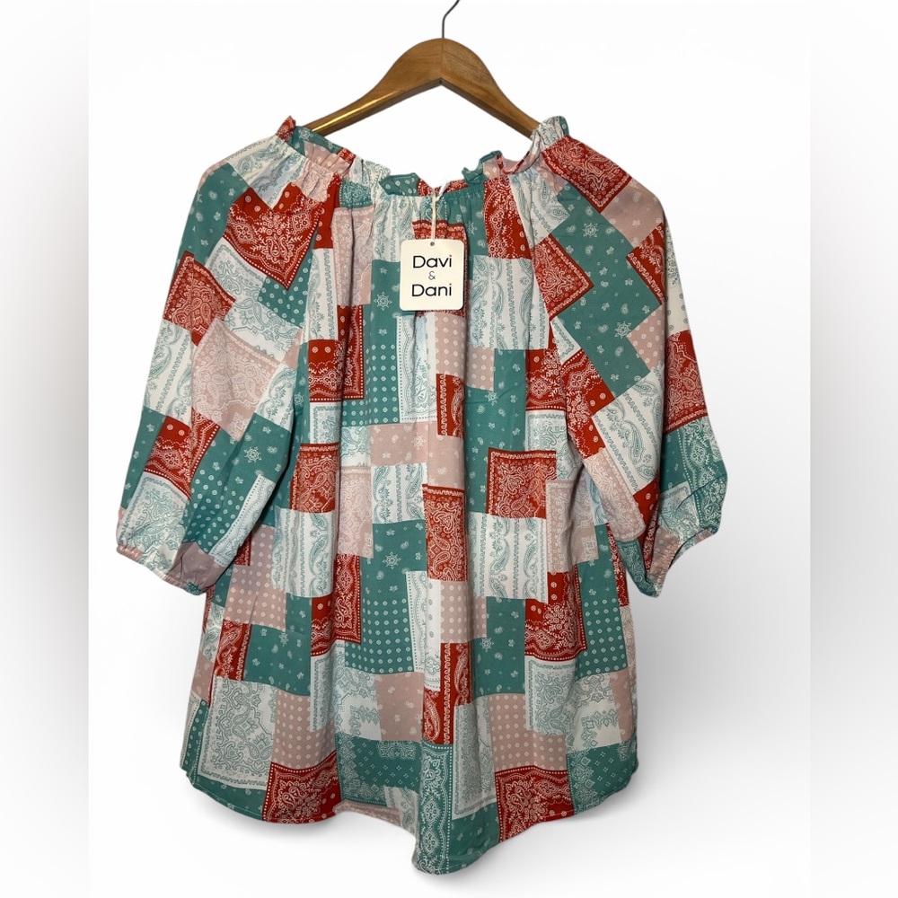 DAVI & DANI Patchwork Tie-Neck Blouse - Teal, Rust & Cream Bandana Print Small - Picture 2 of 4